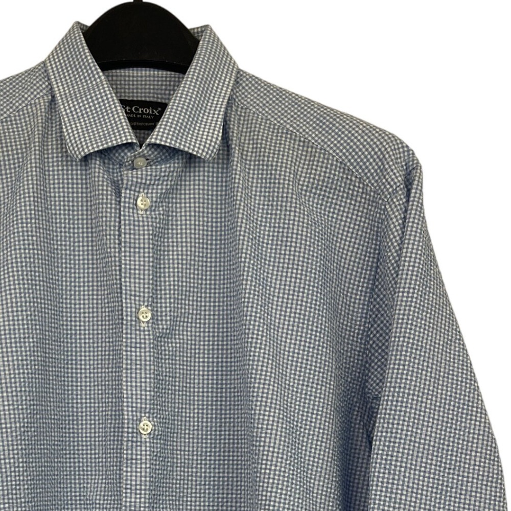 St Croix Italy Gingham Check Button Up Dress Shirt Mens L 16 16.5 Long Sleeve